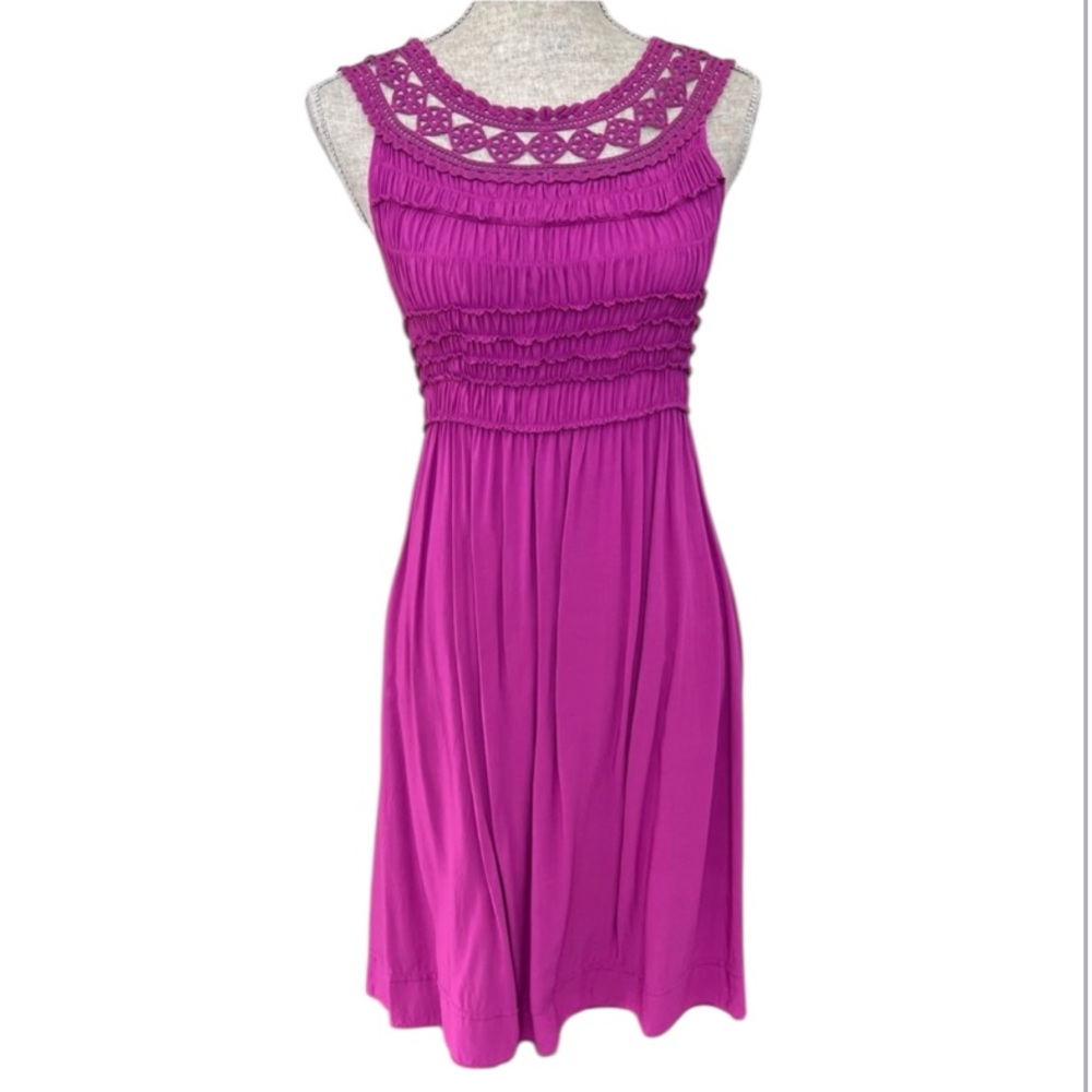 MSSP Crochet Cutout Smocked Sleeveless Flowy Sun Dress Magenta Fuchsia Medium